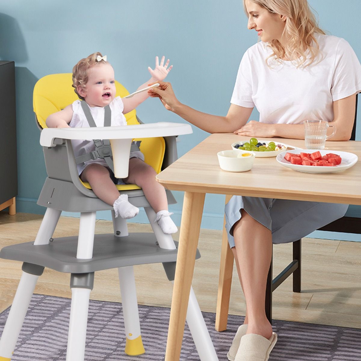 Chaise haute Coast 6-en-1 - rehausseur et table à blocs de construction - avec harnais à 5 points et coussin - gris clair