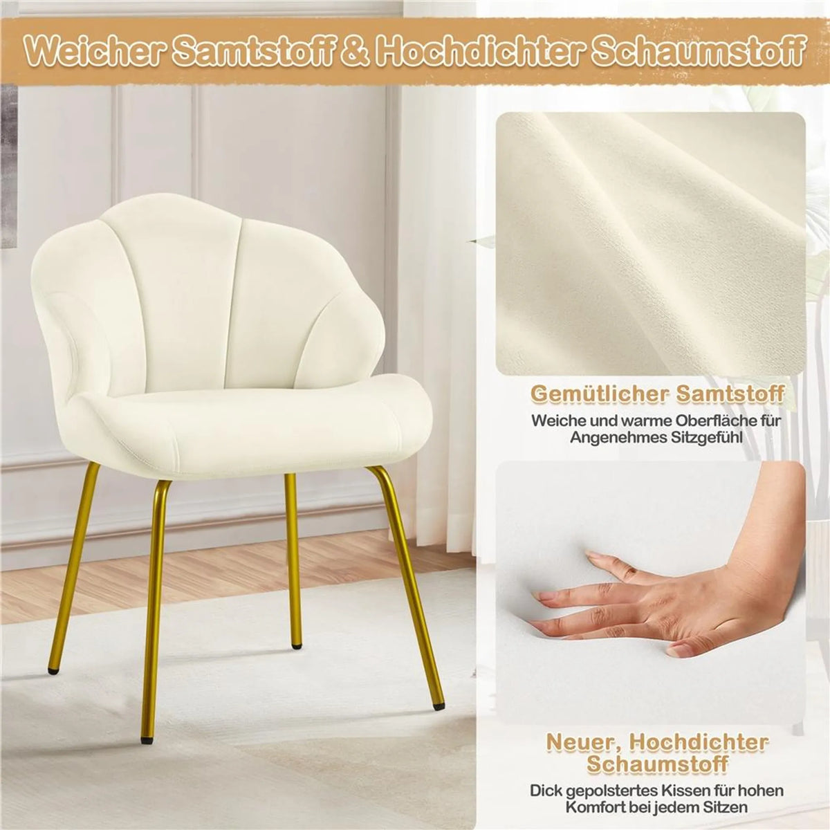 Chaise de salle à manger Yaheetech en forme de coquillage - Rembourrée avec pieds en métal - 56 x 57 x 78 cm - Beige