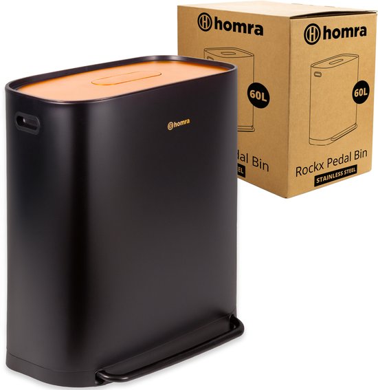 Poubelle Homra Rockx 60 litres - Poubelle à double pédale 2 x 30 L avec filtre anti-odeurs - Poubelle de tri sélectif en acier inoxydable à 2 compartiments - Poubelle de recyclage - Poubelle de cuisine - Poubelle de tri sélectif - Poubelles doubles noir e