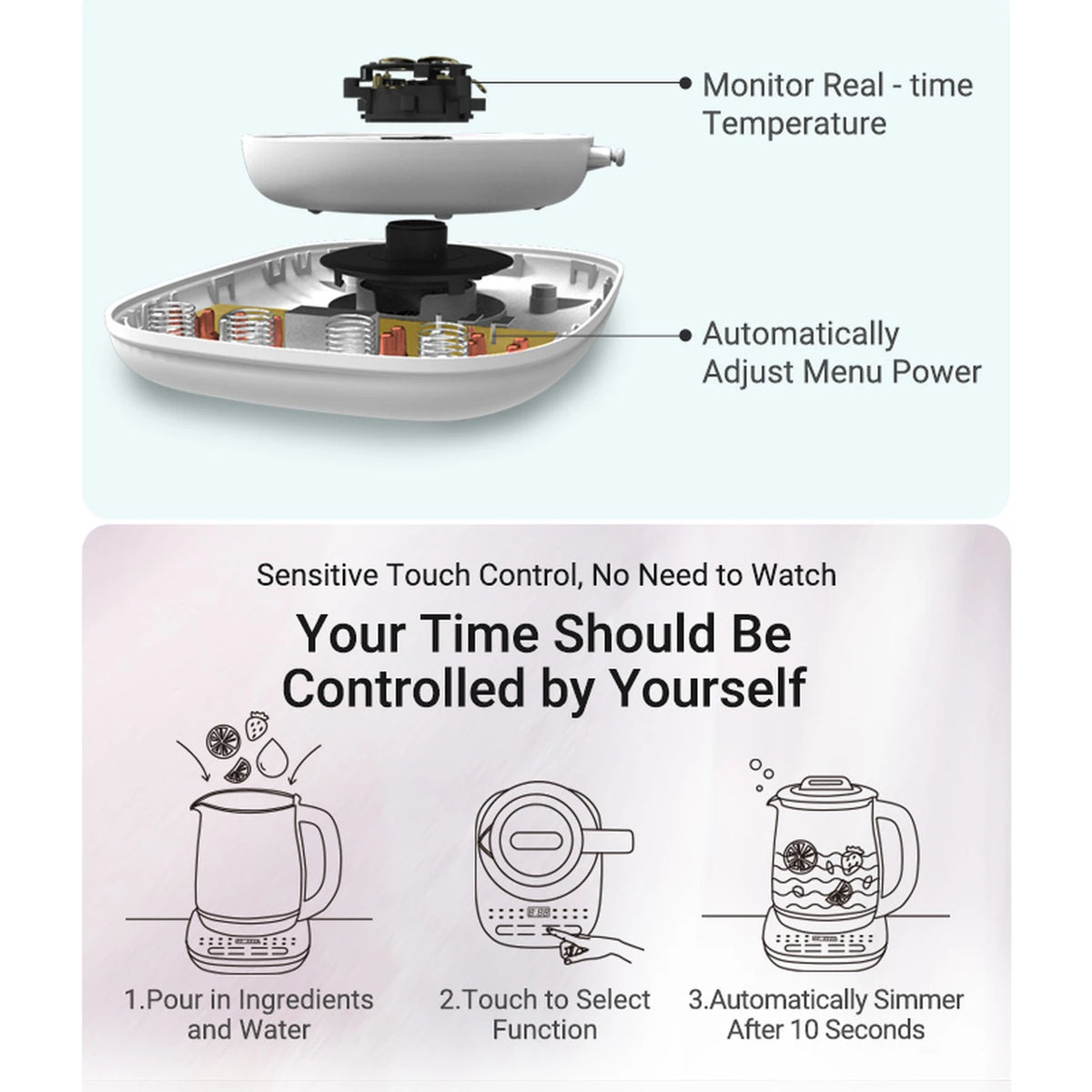 Bouilloire multifonction Bear YSH-C18R6 1,8 L – 16 en 1 – Thé, soupe et fondue – Commande numérique – Pichet en verre – 1 000-1 200 W – Blanc