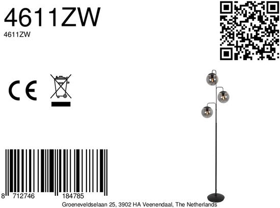 Lampadaire Bollique 4611ZW de Steinhauer - Élégant modèle en métal noir avec 3 boules en verre fumé, hauteur 173 cm, pied rond de 40 cm, idéal pour un usage intérieur