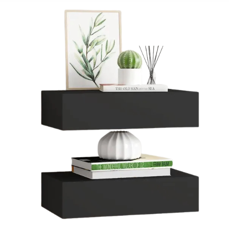 vidaXL Ensemble de 2 étagères murales avec tiroir - 40 x 23,5 x 10 cm - MDF et métal - Noir