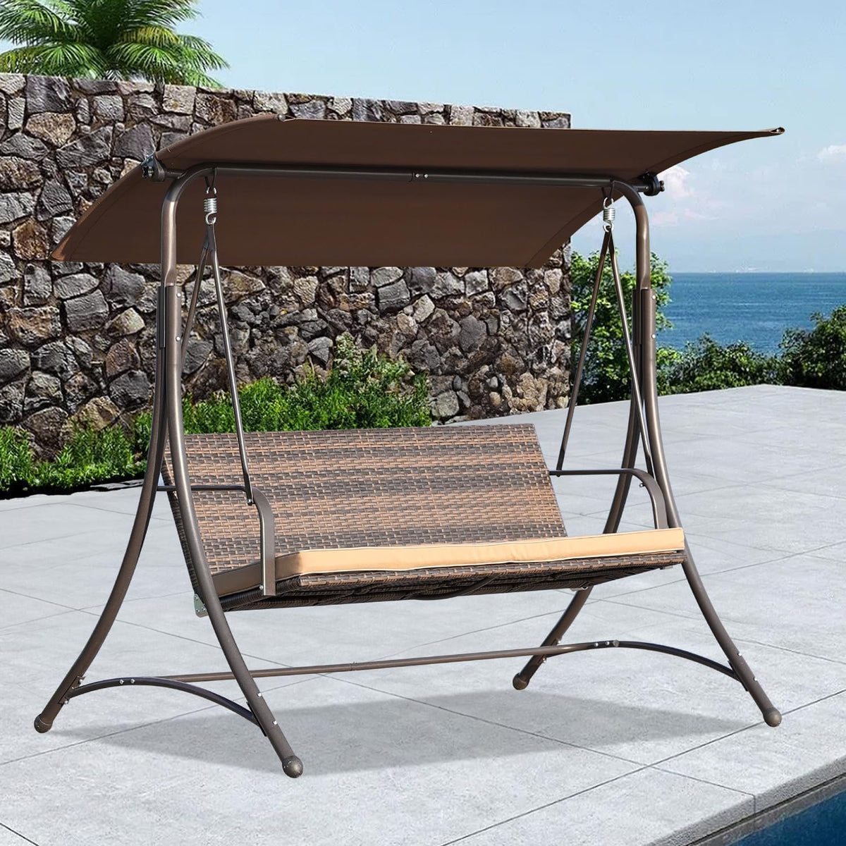 Angel Living - Balançoire Hollywood - Balançoire de jardin en rotin 3 places - Auvent réglable - Marron - 170 x 110 x 152 cm