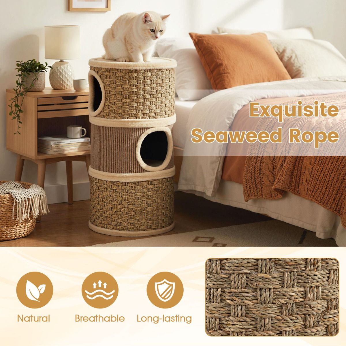 Tour pour chats Coast à 3 étages - poteau à griffer en sisal - coins de repos douillets - kaki et marron - 36 x 36 x 70 cm