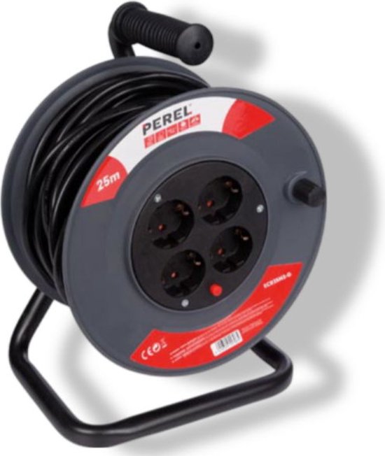 Enrouleur de câble Perel, usage intérieur, 4 prises avec mise à la terre, protection thermique, longueur de câble 25 m, 3G1,5, gris