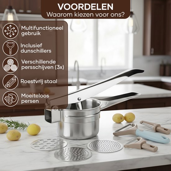 Presse-pommes de terre Qualisce - Presse-purée - Pilon à purée - Presse-pommes de terre à 3 disques - Écrase-purée - Avec éplucheur multifonction