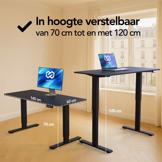 Bureau assis-debout Infinity Goods à réglage électrique - 140 x 60 cm - Fonction mémoire - Noir