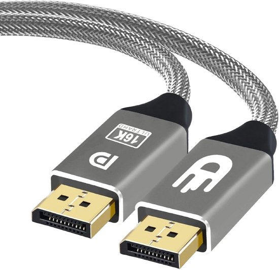Drivv. Câble DisplayPort 2.1 - 16K 60 Hz - 8K 120 Hz - 4K 144 Hz - 80 Gbps - DisplayPort vers DisplayPort - Câble DP - 3 mètres - Gris