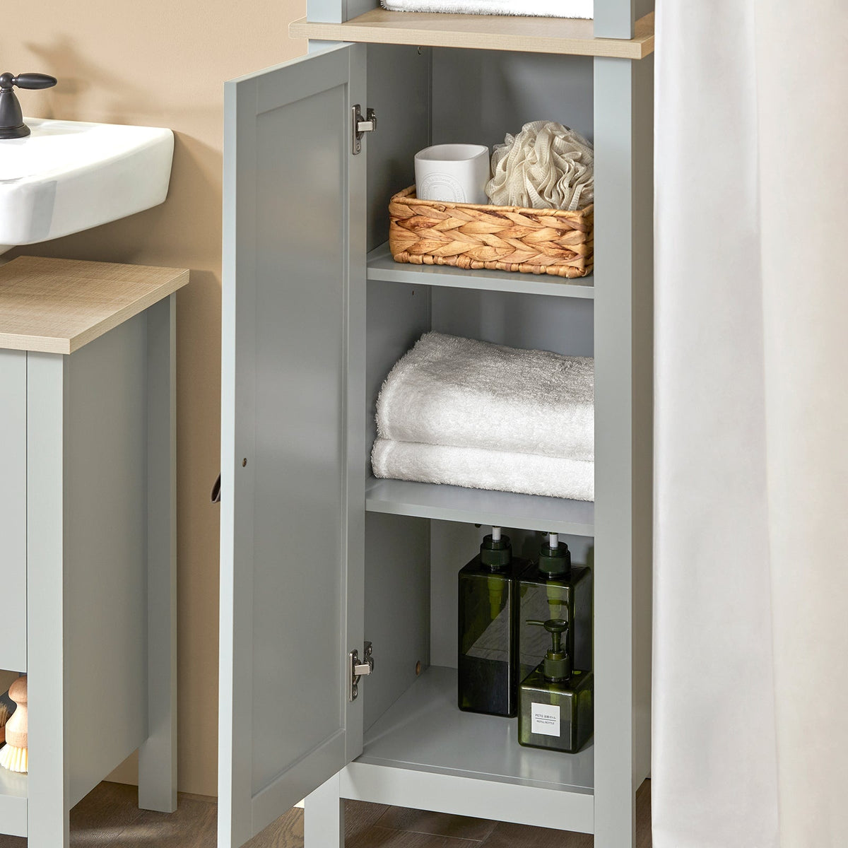 SoBuy Meuble colonne de salle de bain - 1 porte - 3 étagères - 39 x 30 x 169 cm - Gris