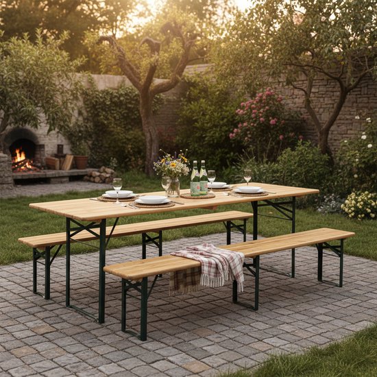 Ensemble de table de brasserie AXI Toon - Table pliante et 2 bancs – 220 cm – Structure en acier et bois – Avec embouts en caoutchouc – Table de pique-nique d'extérieur