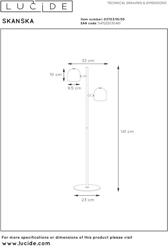 Lucide SKANSKA - Lampadaire - LED 3 StepDim - 2x5 W 3000 K - Noir