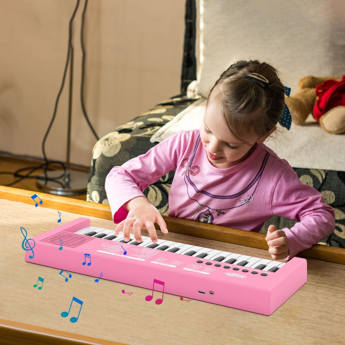 Clavier pour enfants Coast - Piano électronique à 37 touches - 8 rythmes - 8 sonorités - Noir / Rose