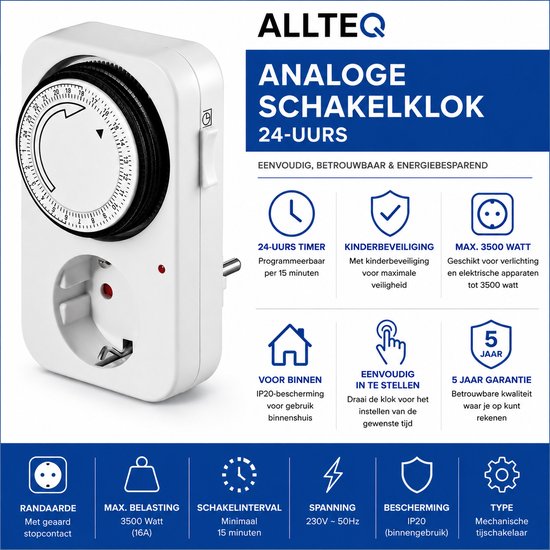 Minuterie - Analogique - Minuterie programmable - Schuko - 24 heures - Allteq