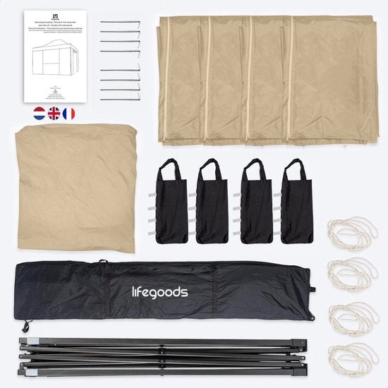 LifeGoods Partytent - Paviljoen - 3x4.5 m - Zijwanden - Easy Up - Opvouwbaar - Waterdicht - Draagtas met Wieltjes - Beige