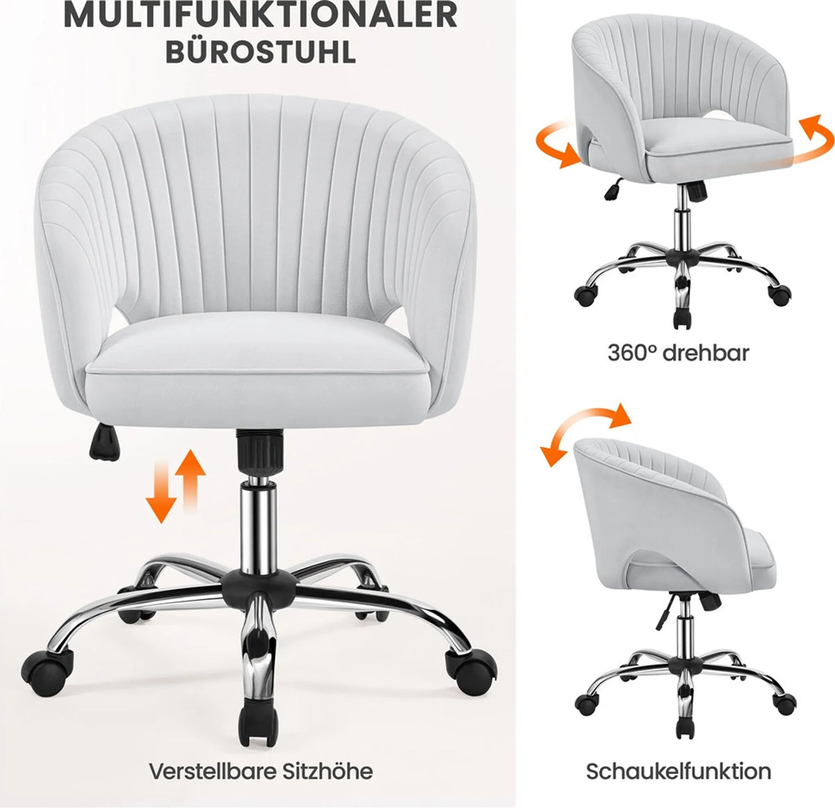 Yaheetech Fauteuil de bureau Fauteuil - 60 x 56,5 x 73-83 cm - avec rembourrage doux et velouté, hauteur d'assise réglable et fonction relaxante - pour le bureau et la salle de réception - polyester gris clair et métal