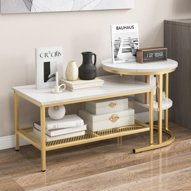 Coast Set de 2 tables d'appoint - Tables basses avec structure en métal doré - Max. 50KG - Or/Blanc