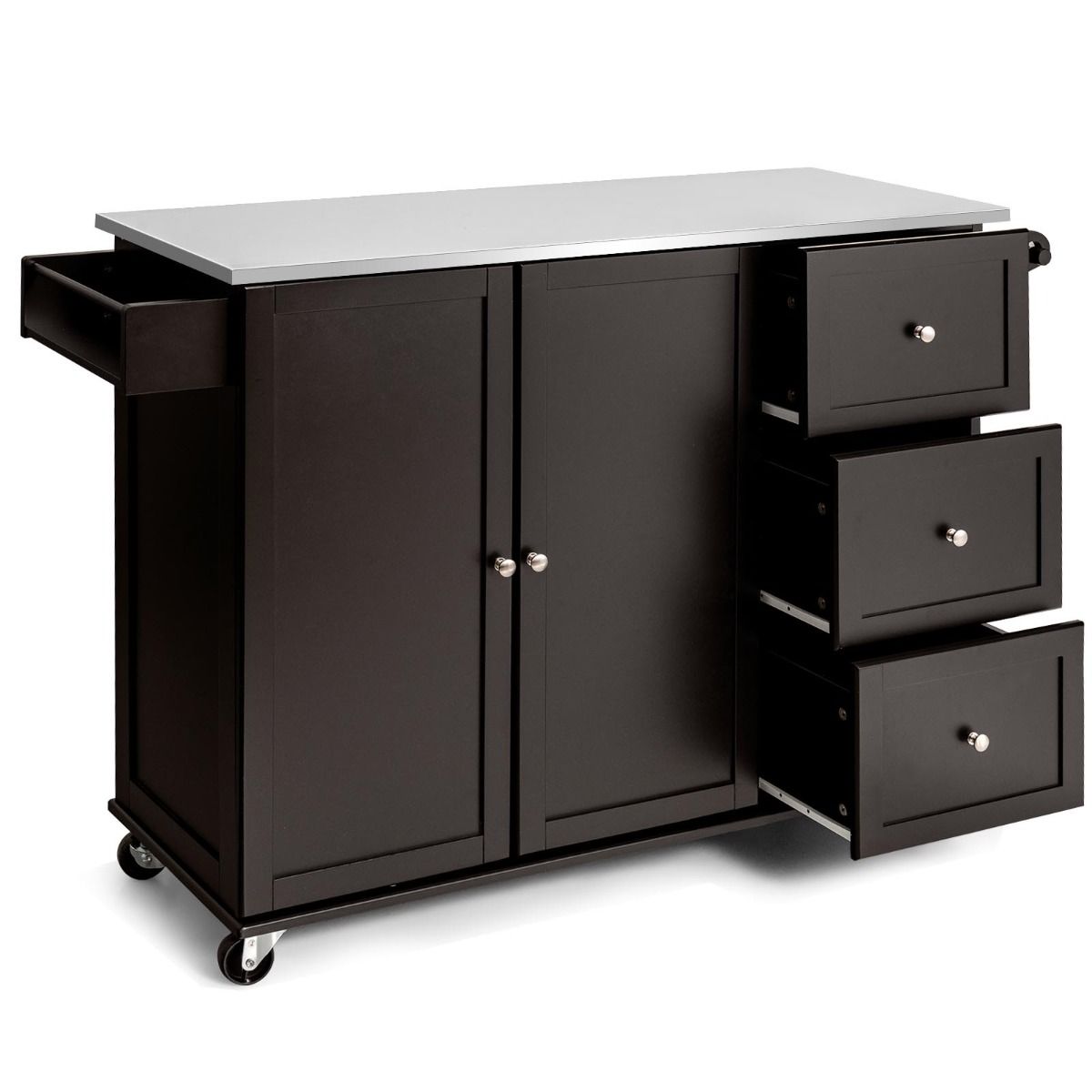 Chariot de cuisine et de service Coast - Acier inoxydable - Îlot de cuisine à 3 tiroirs - 135 x 45,5 x 91,5 cm - Marron/Blanc/Noir