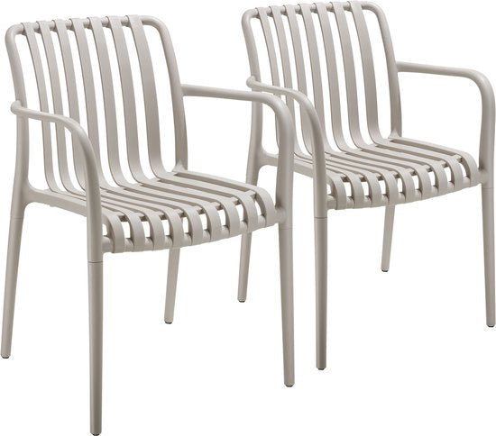 tectake® Lot de 2 chaises de jardin Alcudia - Taupe - Chaises en plastique avec accoudoir - Set de jardin pour la table de jardin ou le camping empilable - Chaises pour le jardin, la terrasse ou le balcon - Résistantes aux intempéries et aux UV - Capacité