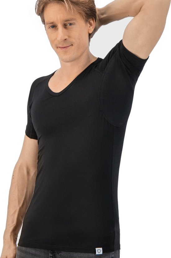 Anti Sweat Shirt - Fibershirts® - Coussinets d'aisselles cousus - Maillot de corps - Noir - Col en V - Hommes - Taille S