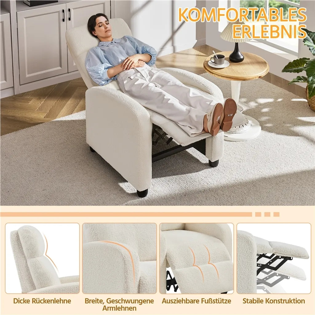 Fauteuil de détente Yaheetech - Dossier réglable - Repose-pieds - Bouclé - Crème