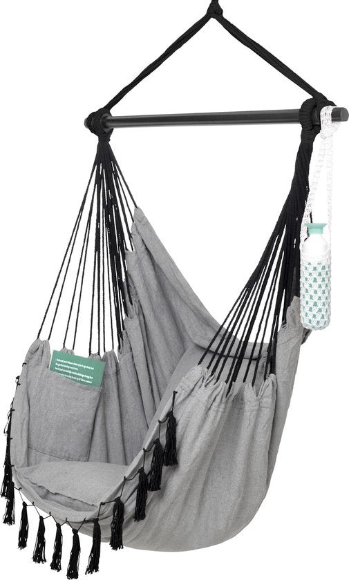 Siège suspendu Vita5 - Hamac Chaise - chaise suspendu - avec 2 coussins - porte-boissons - compartiment pour livres - adultes - enfants - charge maximale 150kg - gris