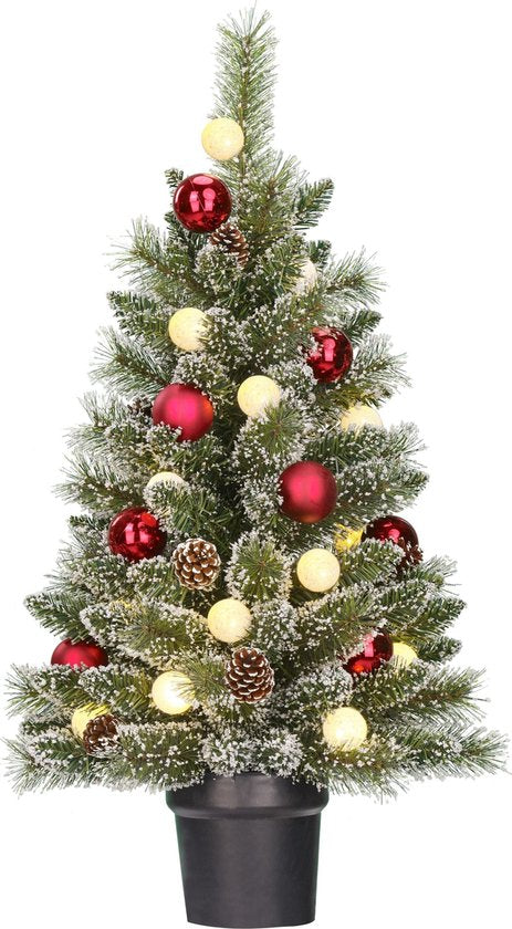 Black Box Trees Kaprun Arbre de Noël artificiel en pot avec éclairage LED - H90 x Ø51 cm - Vert givré, Rouge