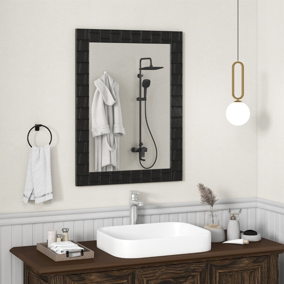 Miroir mural Coast - rectangulaire - cadre en bois - peut être accroché à la verticale ou à l'horizontale - noir - 80 x 60 cm
