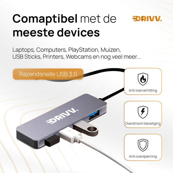 Drivv. Répartiteur USB 4 ports - USB 3.0A - Hub USB 3.0 - Boîtier aluminium - Gris