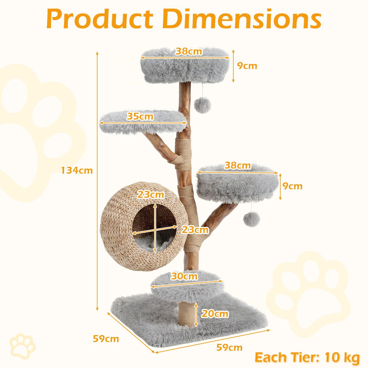 Arbre à chat Coast à cinq étages - niche pour chat tressée à la main - poteaux à griffer en jute - gris