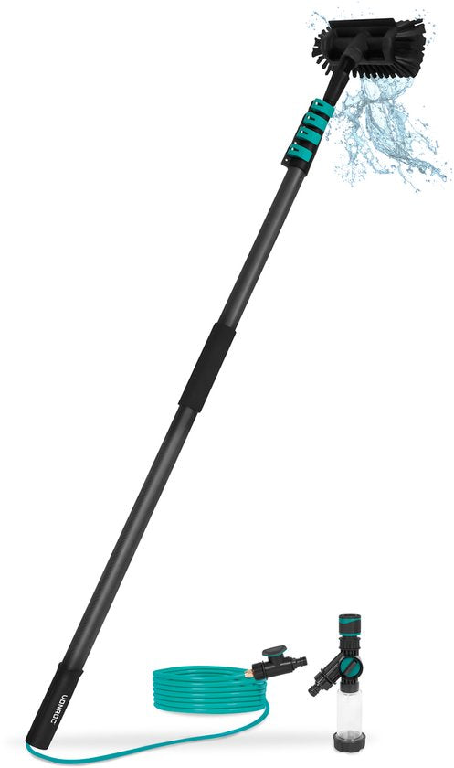 Brosse de lavage télescopique VONROC PRO 3K entièrement en carbone – 6,5 m - Avec tête de brosse à 5 pans, tuyau d'arrosage de 9 m et distributeur de savon