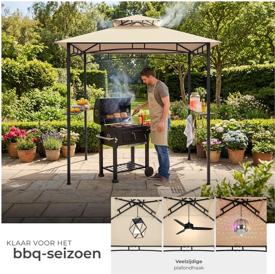 Pavillon barbecue tectake® - Abri pour barbecue - 240 x 150 x 250 cm - Pavillon de jardin - Résistant aux intempéries - Protection UV - Système à double toit - Gazebo avec crochets de suspension, grilles et décapsuleur - Pavillon de barbecue - Couleur sab