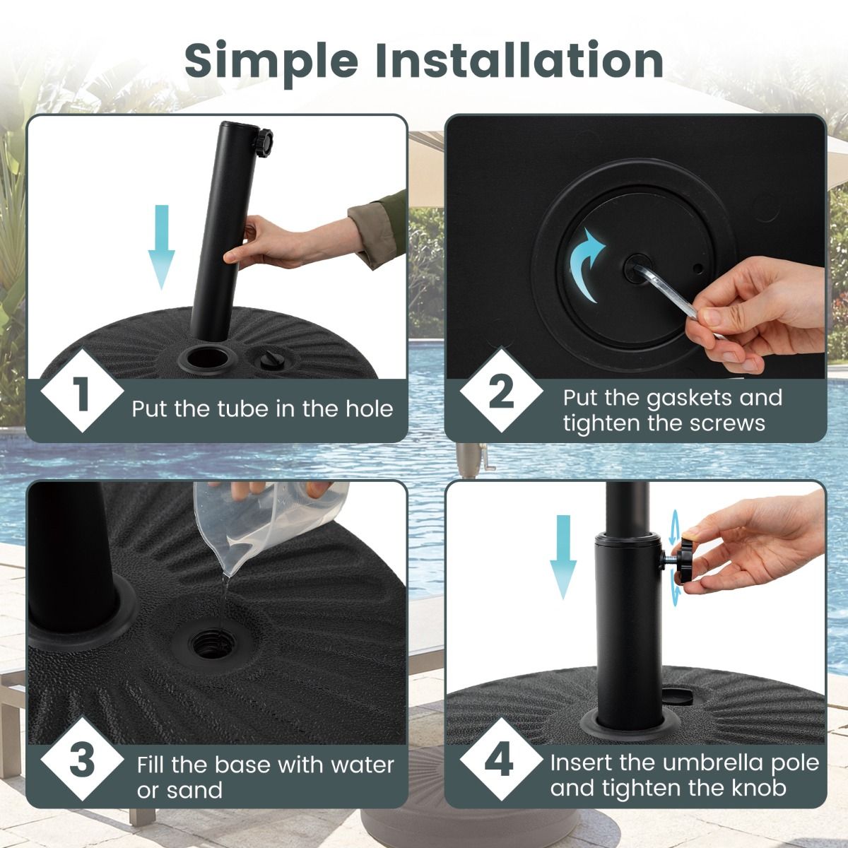 Pied de parasol Coast - rechargeable avec de l'eau ou du sable - fixations réglables - noir Ø 51 cm