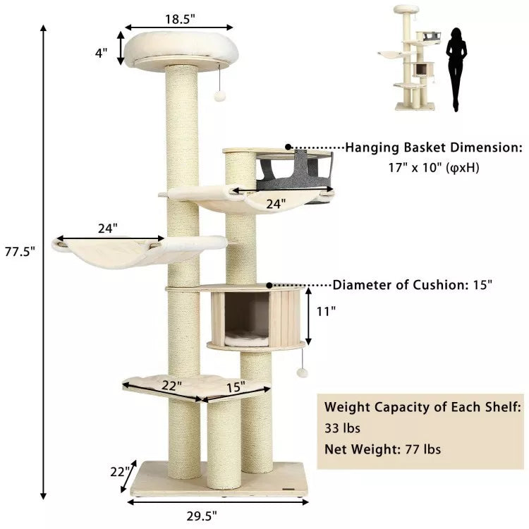 Arbre à chat Coast - griffoir - Max 15 Kg - 75 x 56 x 197 cm - Beige