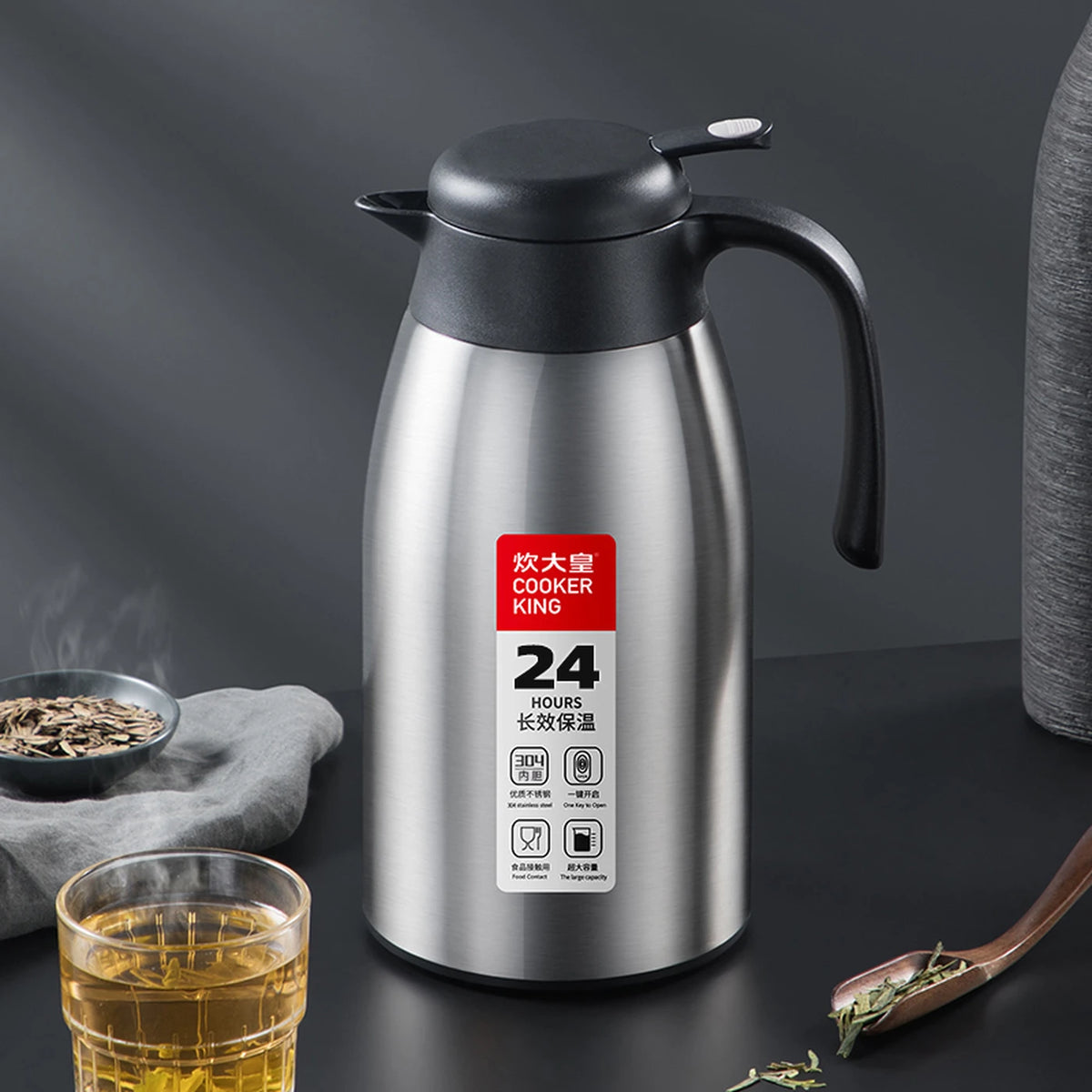 COOKER KING Thermos pour eau chaude - 2,2 litres - Acier inoxydable 304 - Isolation sous vide - Noir/Multicolore