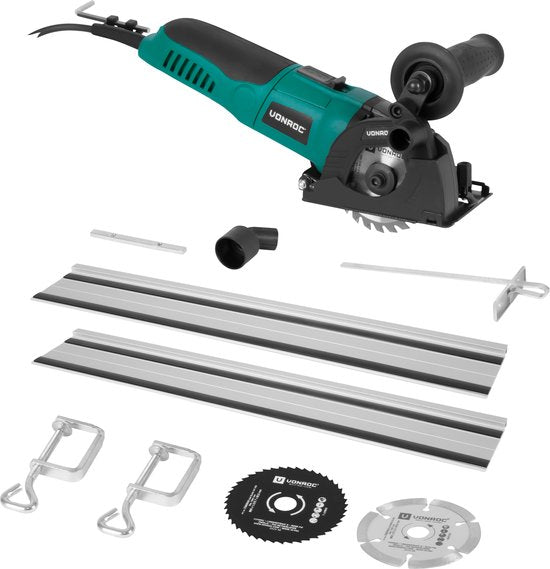 VONROC Mini scie circulaire / scie plongeante 500W - Ø85mm - Avec rail de guidage - Vitesse variable - 3 lames de scie incluses