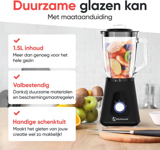 Blender -  Kitchenwell - Puissant mixeur à smoothie de 1300 watts - 1,5 litre - gobelet en verre -  Gobelet de sport inclus - acier inoxydable - Noir