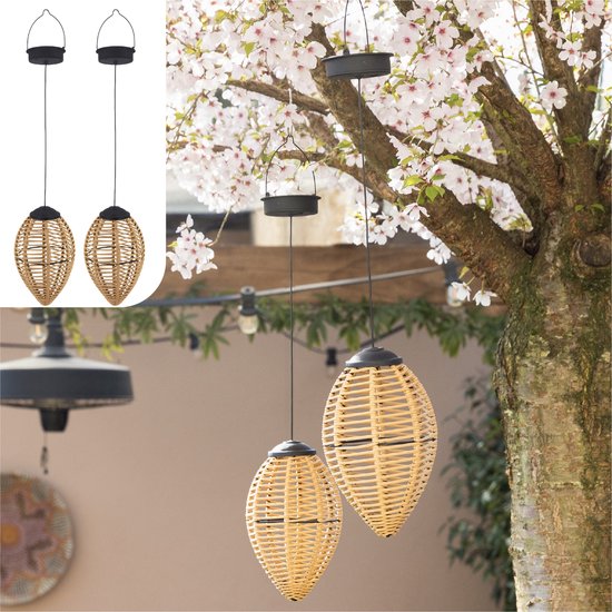 Gadgy Solar Suspension Lights Outdoor - Set of 2 - Rattan Look - LED Solar Garden Lights - Warm Light - Splashproof - Solar-powered - Suspension Light Garden Decoration
