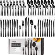 Deleca 8 Person Cutlery Set Essential (48 pieces) - Spoons, Knives, Forks, Steak Knives & Pastry Forks - Dishher Safe Cutlery - Shiny Black / Stainless Steel