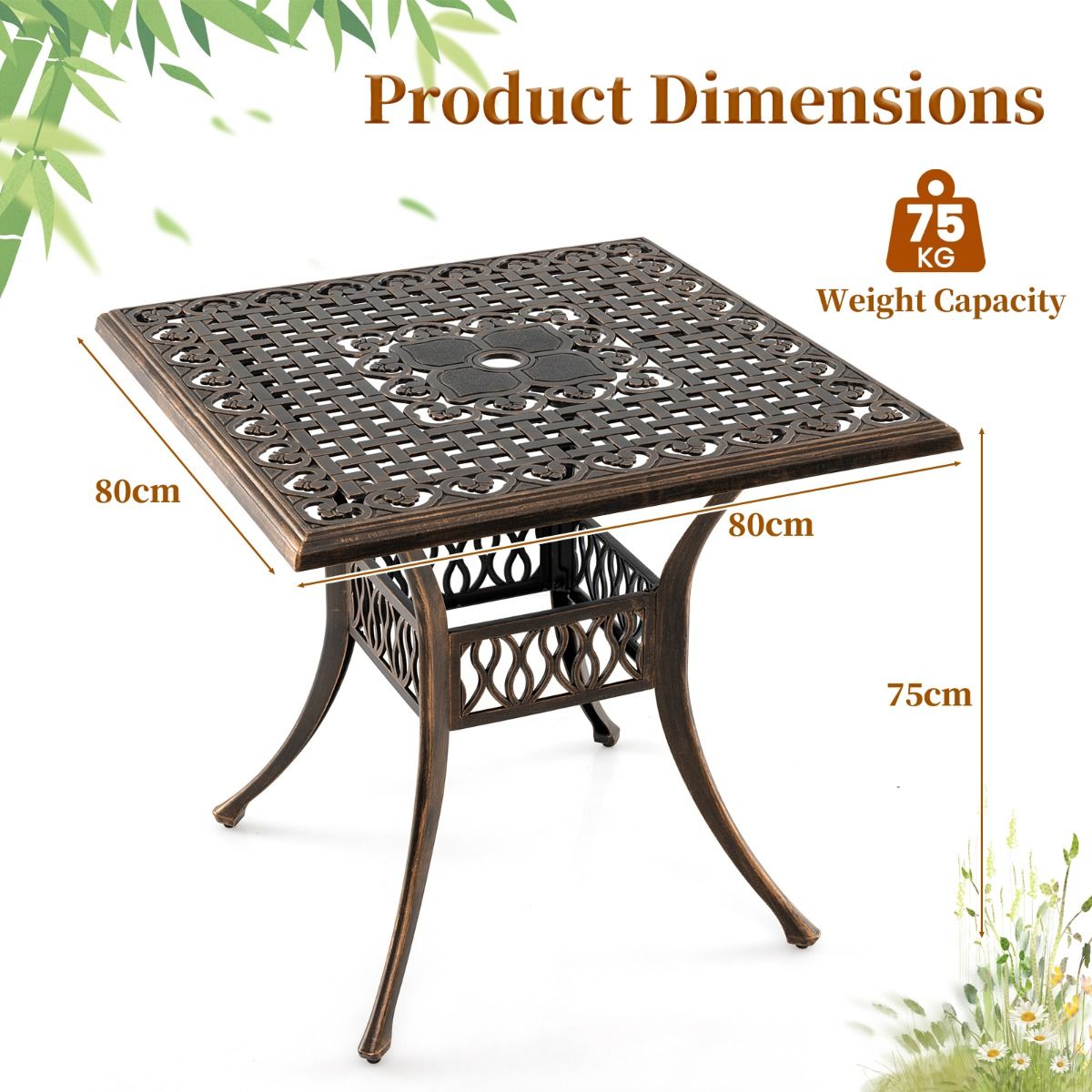 Table de terrasse carrée Coast - Aluminium moulé - Trou pour parasol de 4,8 cm - Bronze - 80 x 80 x 75 cm