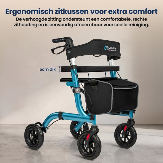 Rollator TrueSafe léger et pliable (6,9 kg) - Pour l'intérieur et l'extérieur - Avec coussin d'assise ergonomique, éclairage, dossier, support pour canne et bien plus encore - Bleu