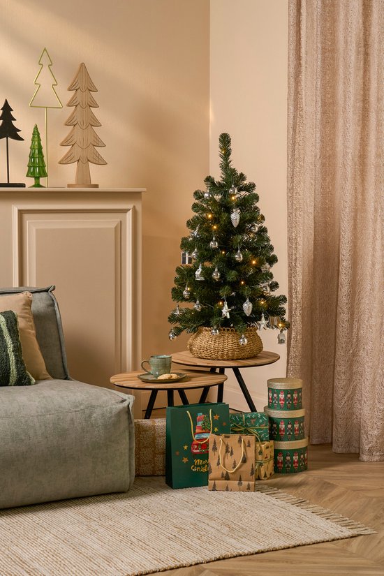 Sapin de Noël artificiel « Joy » de Black Box Trees - Avec 26 décorations et un éclairage LED - H 90 x Ø 50 cm - Vert et argent