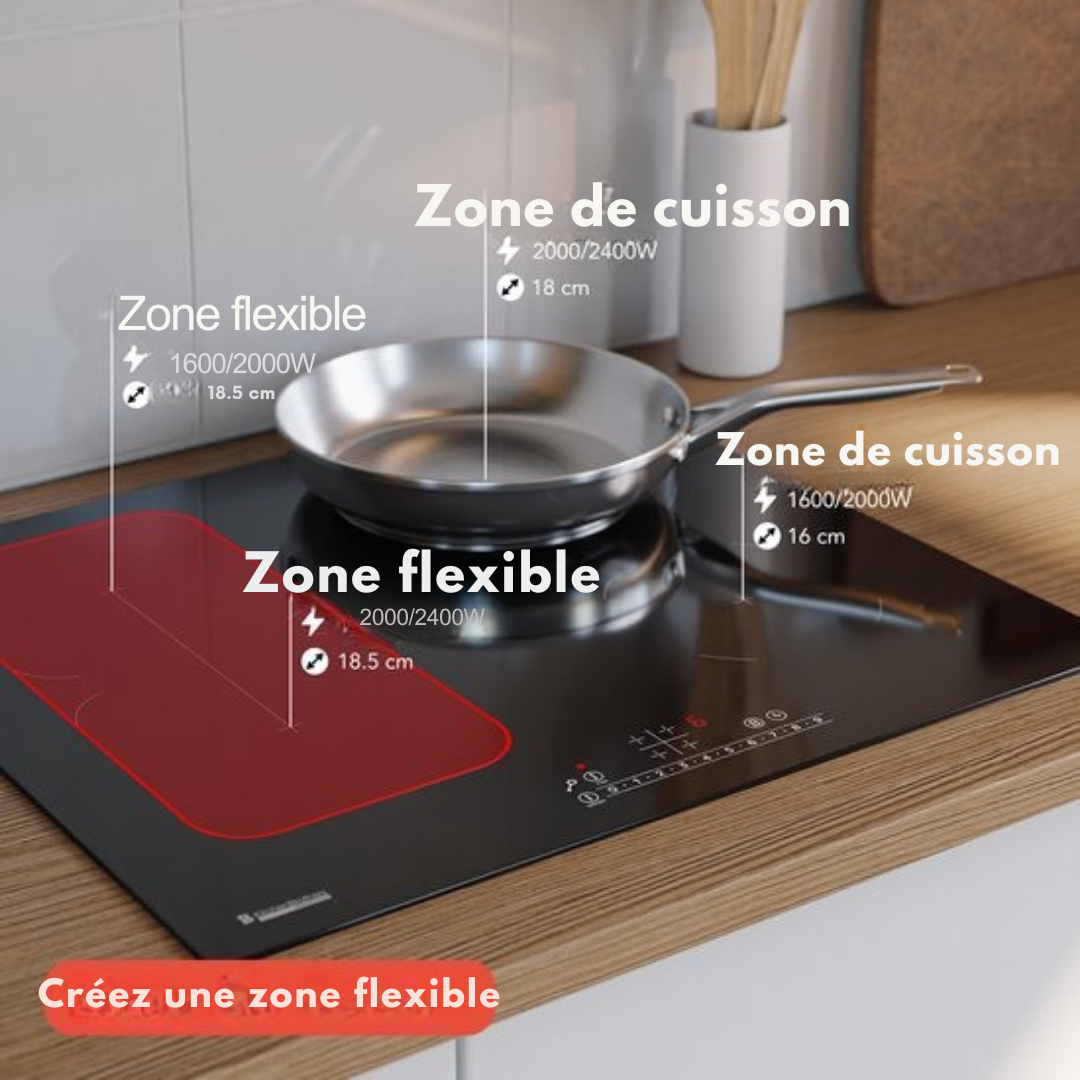 Plaque de cuisson à induction KitchenBrothers  - Plaque de cuisson à induction autoportante - 60 cm - 4 zones - 1x Flexzone - 1 phase - Jusqu'à 3500W - Argent/RVS