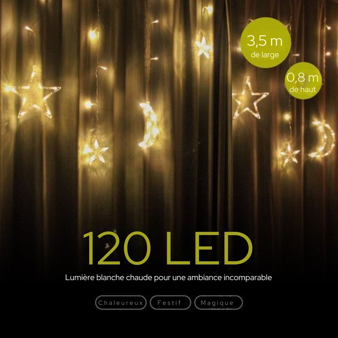 Light Curtain Giftmas  - Décoration suspendue - Intérieur/Extérieur - 3.5M - 120 LED  - Lunes et étoiles - Blanc chaud