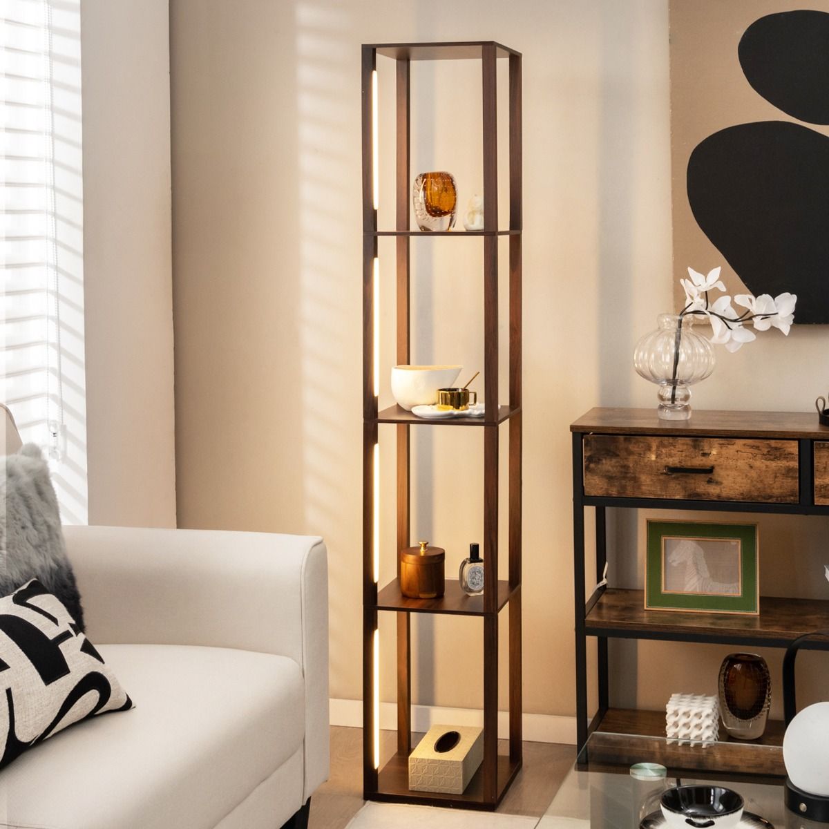 Lampadaire Coast avec étagères de rangement - Éclairage LED à 3 niveaux de luminosité réglables - 4 étagères - marron - 163 cm