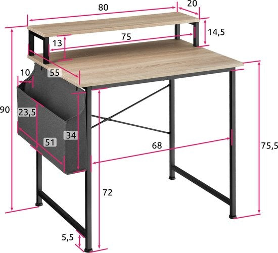 tectake® - Everett desk - largeur 80 cm - table d'ordinateur - avec étagère et organiseur - brun clair - 404663