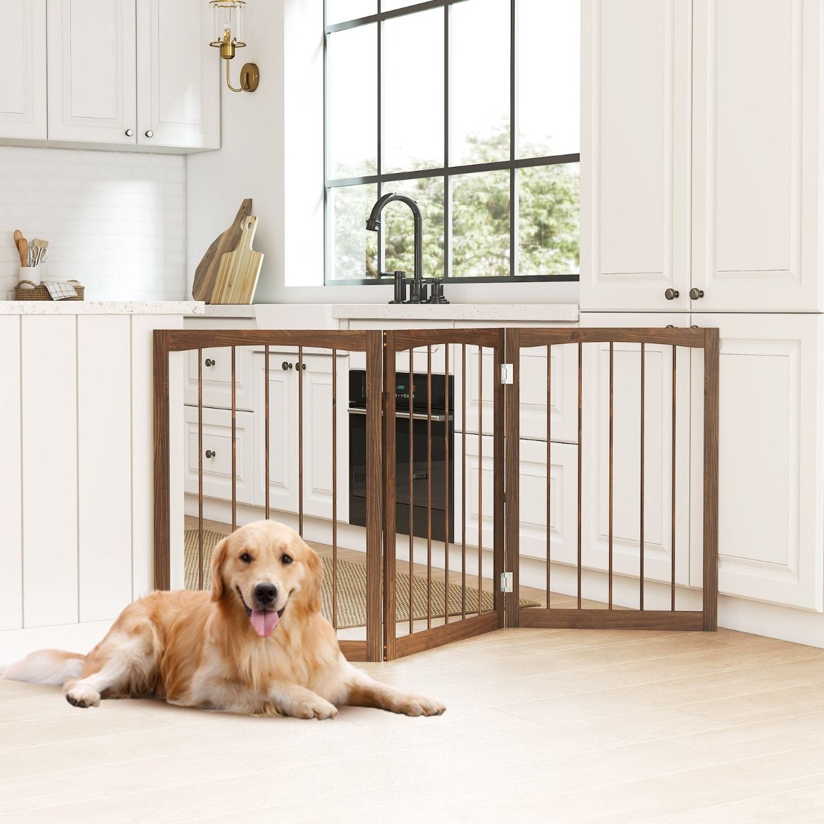 Barrière de sécurité pour chiens Coast - Barrière de protection pliable en 3 parties - autonome - marron 159 x 76 cm