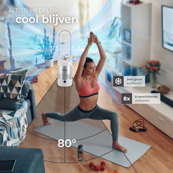 tectake® Tower Fan Polar - Ventilateur de colonne avec télécommande - 8 vitesses et minuterie - Fonction de rotation à 80° - Ventilateur silencieux (35-55dB) - Debout avec panneau de contrôle LED - 55,5 cm de haut - Refroidisseur d'air - Blanc