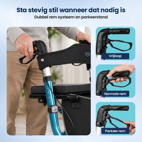Rollator TrueSafe léger et pliable (6,9 kg) - Pour l'intérieur et l'extérieur - Avec coussin d'assise ergonomique, éclairage, dossier, support pour canne et bien plus encore - Bleu