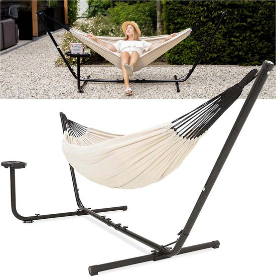 Hamac Vita5 avec support - 2 personnes - Porte-gobelet inclus - 205kg de poids - Beige/White