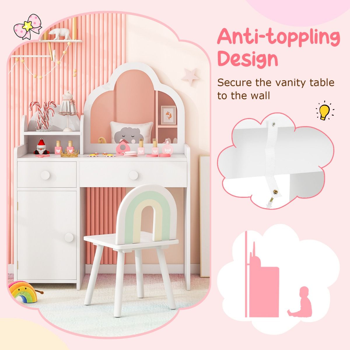 Ensemble de coiffeuse pour enfants Coast - miroir en forme de nuage - coiffeuse 2-en-1 avec tabouret - blanc